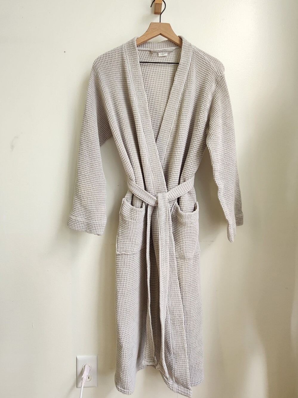 Coyuchi Waffle Robe Unisex S/M Gray Organic Cotton Spa Wrap Belted Luxury